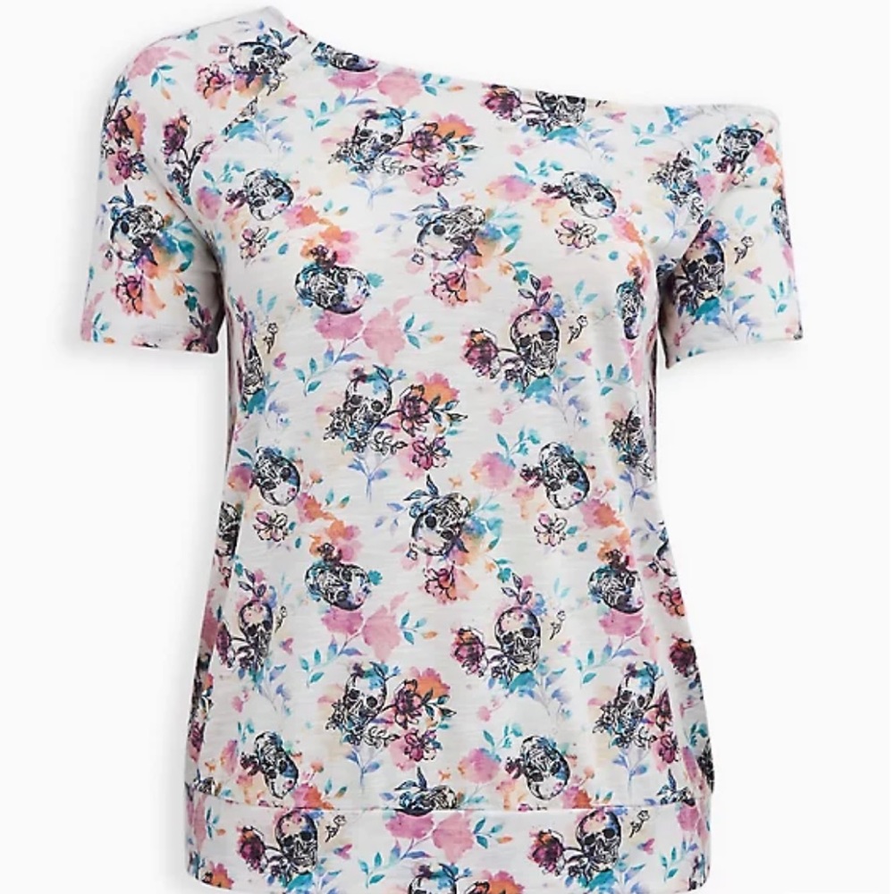 Super Soft Floral Skull Off Shoulder Tee